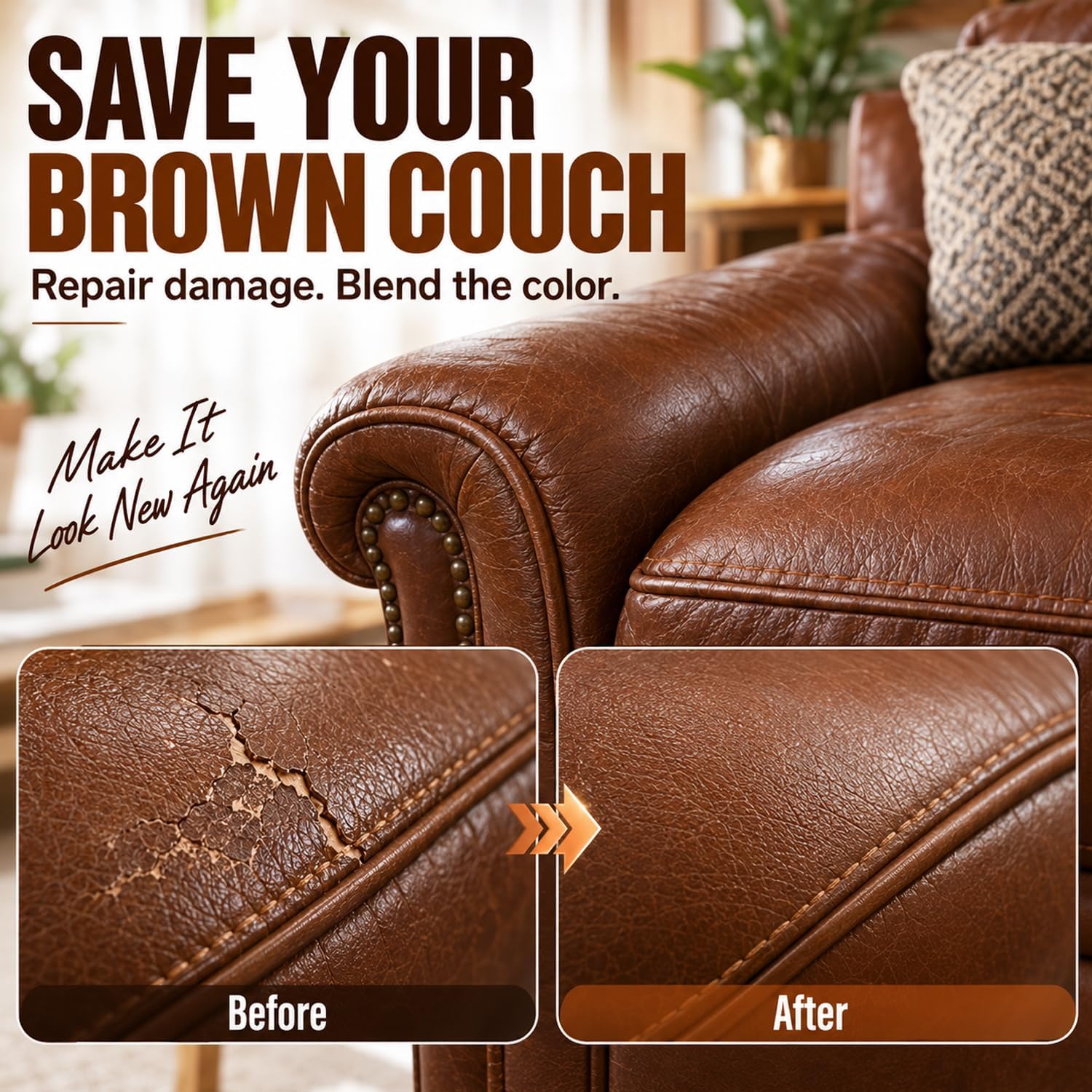 Brown Leather Repair Kit for Furniture & Couches, Car Seat Vinyl Repair Kit