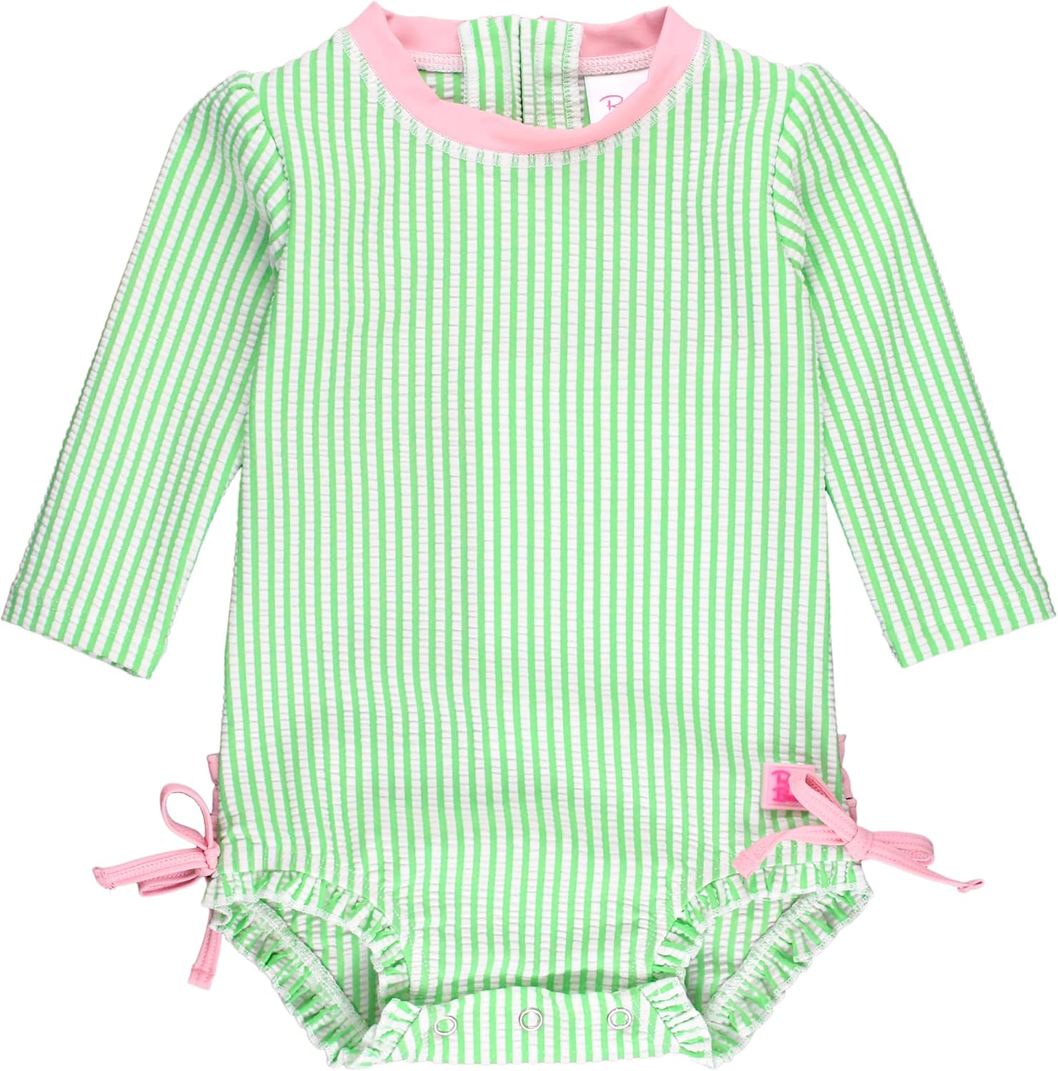 RuffleButts Baby Girls Seersucker Rash Guard - One Piece Swimsuit UPF 50+
