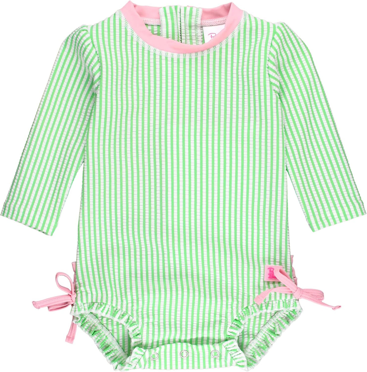 RuffleButts Baby Girls Seersucker Rash Guard - One Piece Swimsuit UPF 50+