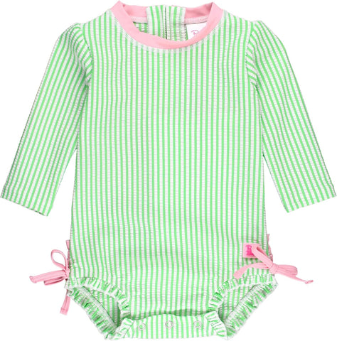 RuffleButts Baby Girls Seersucker Rash Guard - One Piece Swimsuit UPF 50+