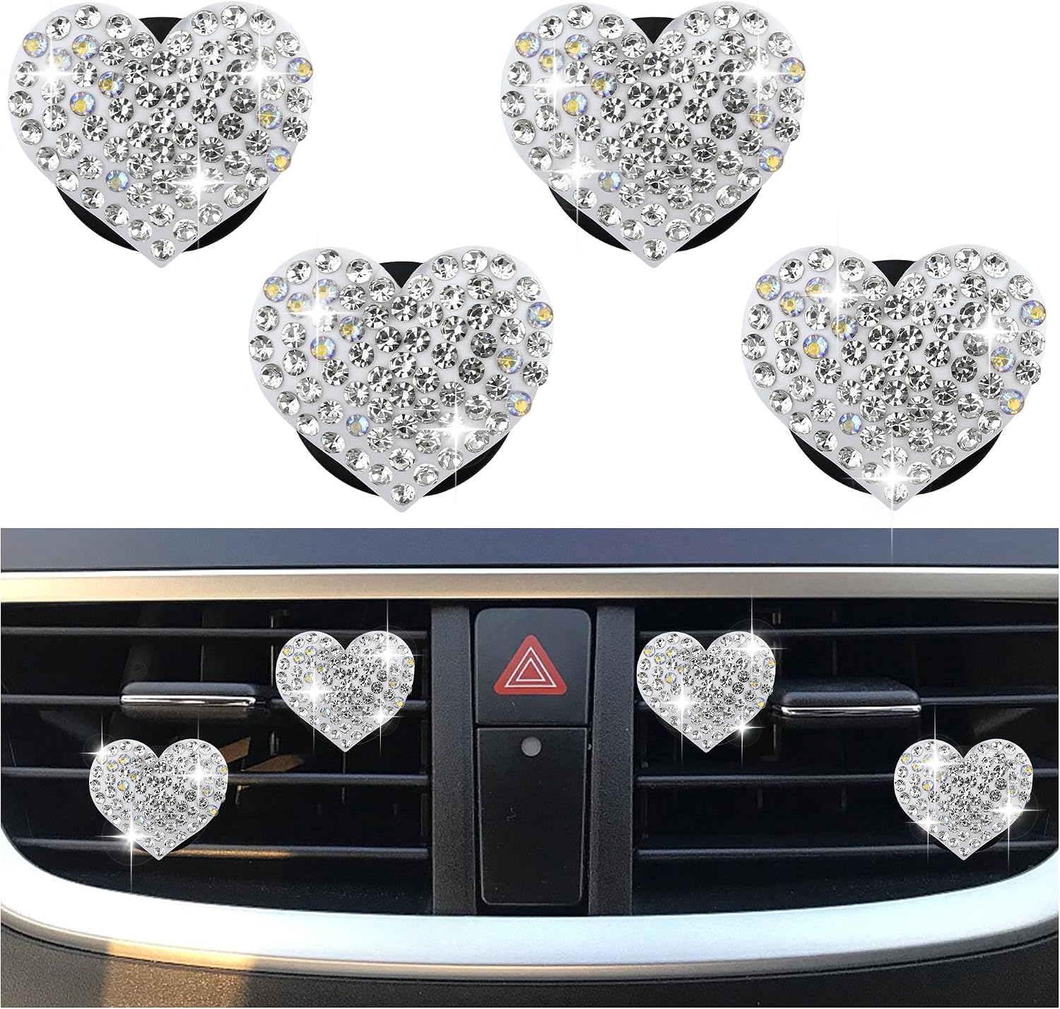 4PCS Heart-Shaped Car Vent Clips with Rhinestone,Bling Air Vent Clips Car Decorations,Premium Shiny Car Clips for Vents CCar Accessories Interior for Cars,Trucks,SUVs (White)