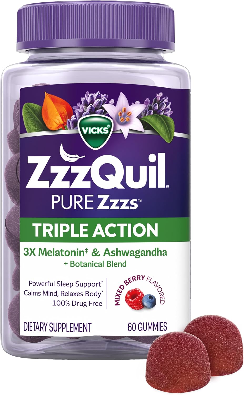 ZzzQuil PURE Zzzs Triple Action, Melatonin Gummies, Melatonin 6mg, 3X Melatonin, Sleep Aid with Ashwagandha, Calm Mood, Antioxidant Action, Sleep Aids for Adults, 60 Sleep Gummies
