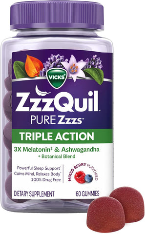 ZzzQuil PURE Zzzs Triple Action, Melatonin Gummies, Melatonin 6mg, 3X Melatonin, Sleep Aid with Ashwagandha, Calm Mood, Antioxidant Action, Sleep Aids for Adults, 60 Sleep Gummies