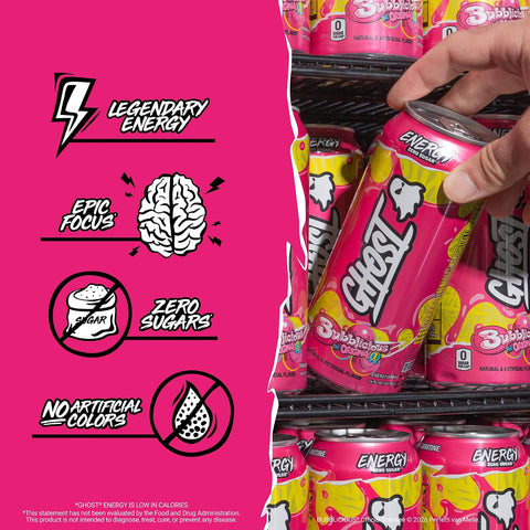 GHOST Energy Drink, Zero Sugars, 12-Pack, Bubblicious Original, 16oz