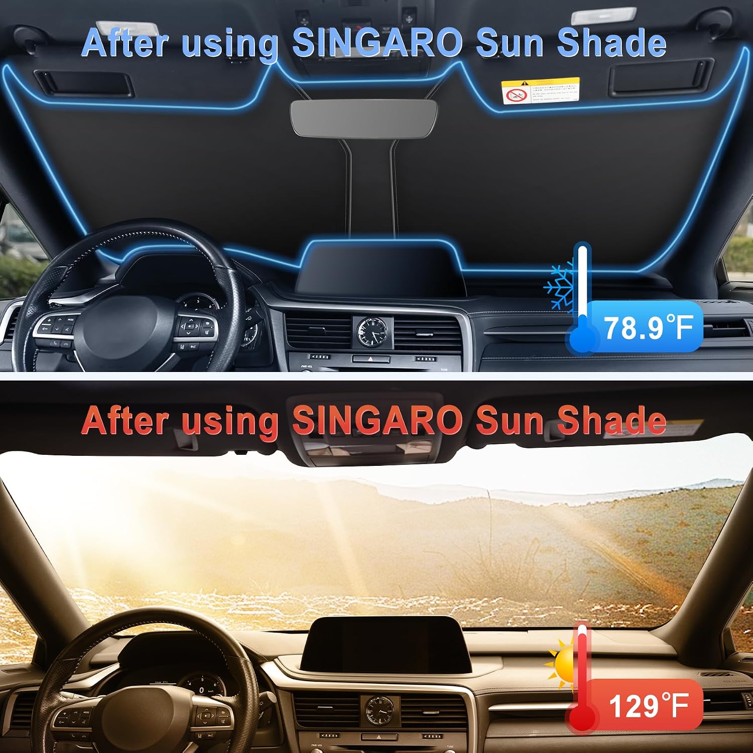 SINGARO 300T Universal Car Windshield Sun Shade, Foldable Reflective for Windshield & Window Shades with Overlapping Design, Car Interior Accessories (58" L x 32" W)