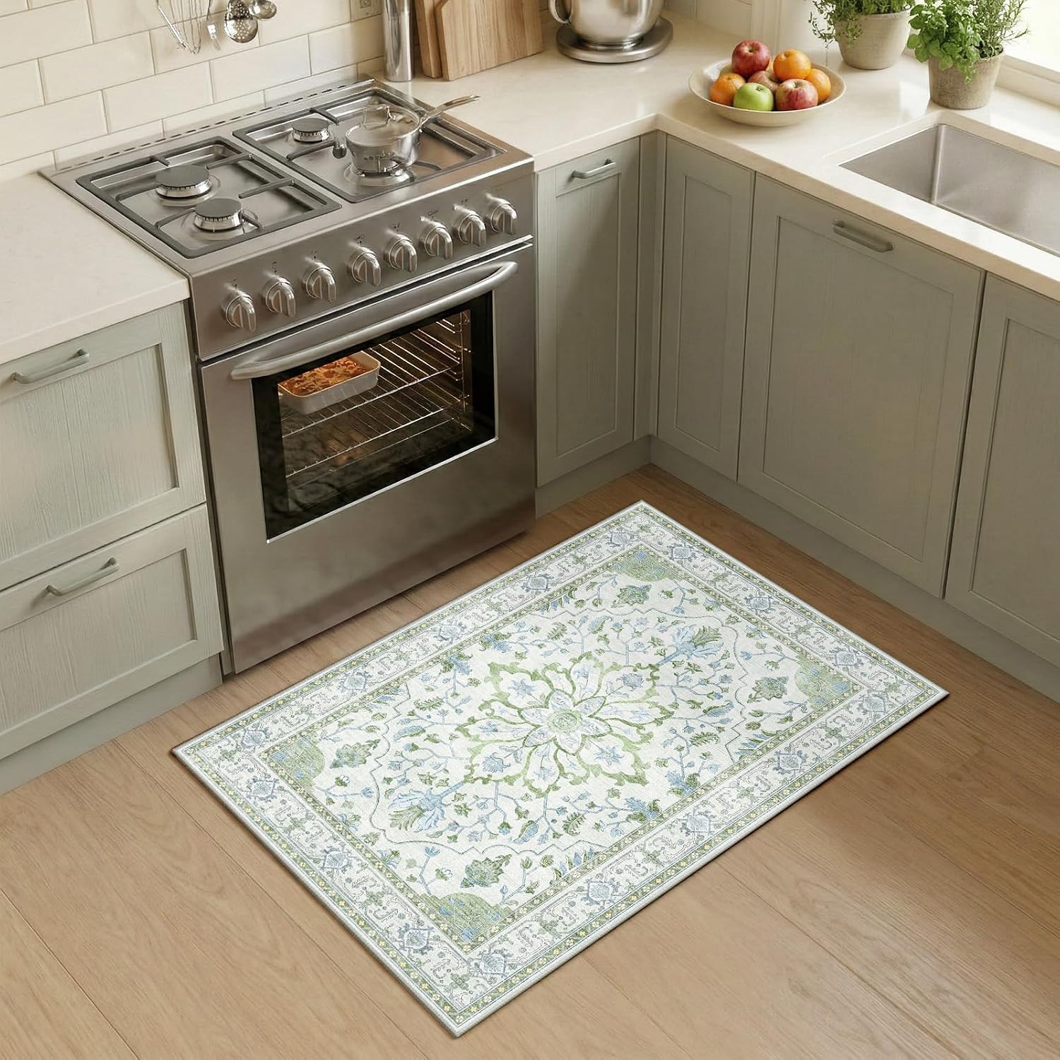RELEANY Washable Area Rug, Small 2'x3', Green/White/Blue