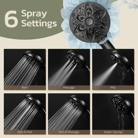 JDO Shower Head with Handheld, High Pressure Handheld 6 Settings, Detachable Shower Head Set with Stainless Steel Hose and Shower Bracket (Matte Black)