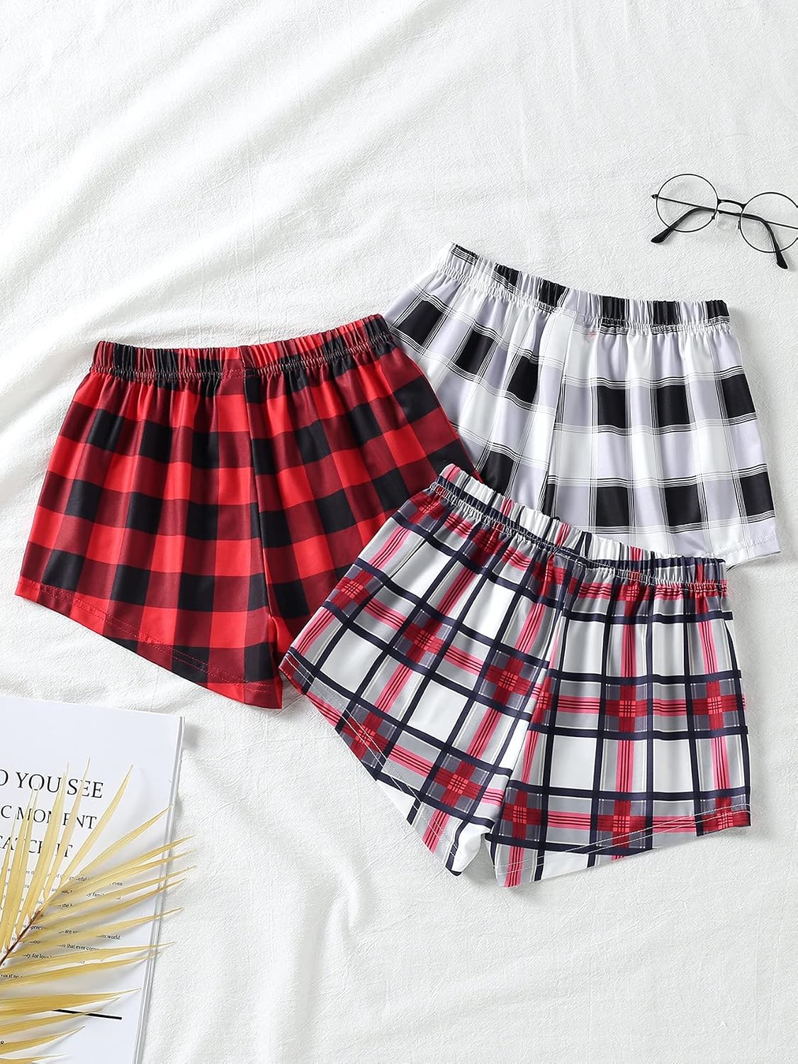 Milumia Girl's 3 Pieces Casual Plaid Print Comfy Summer Fall Shorts