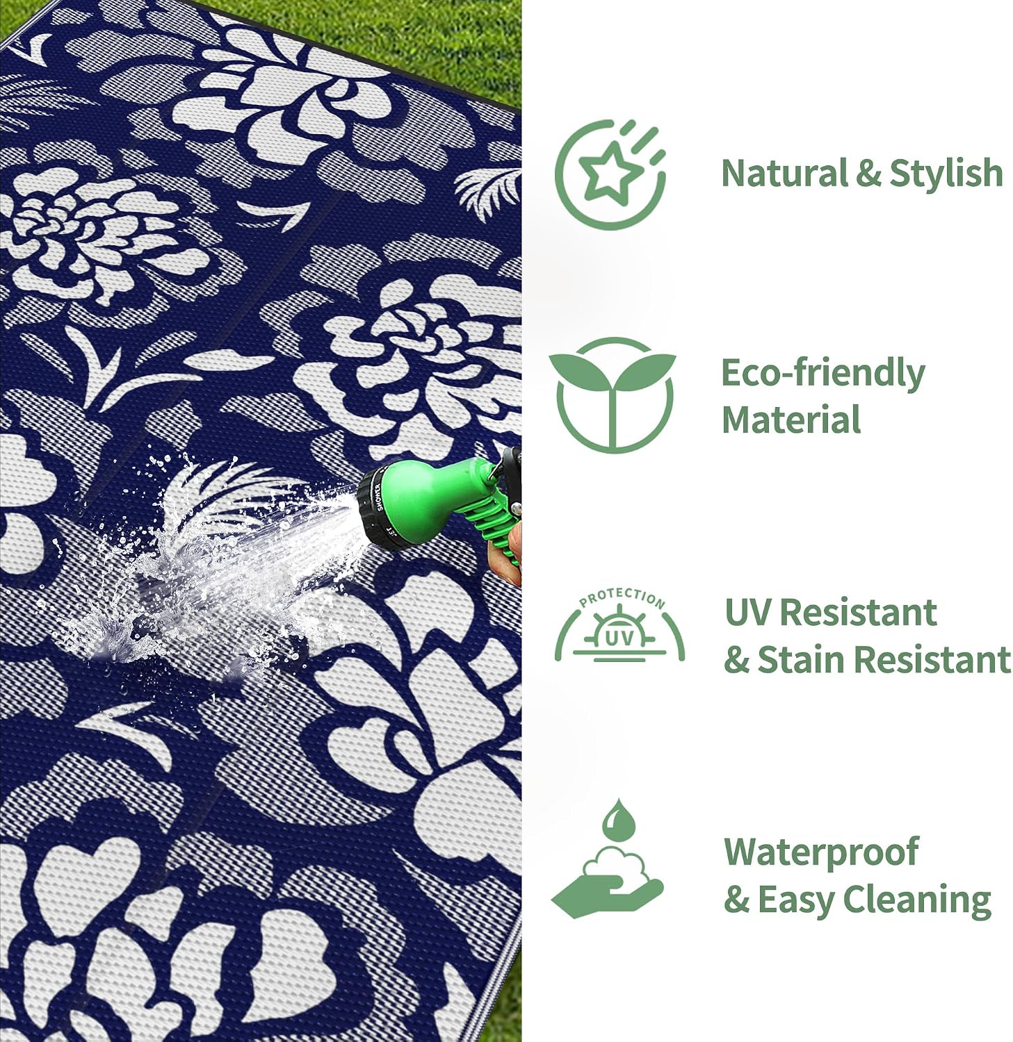 GENIMO Outdoor Rug 5' x 8' Waterproof for Patios Clearance, Reversible Outdoor Plastic Straw Camping Rug Carpet, Large Area Rugs Mats for RV, Camper, Deck, Balcony, Porch, Beach, Navy Blue&White
