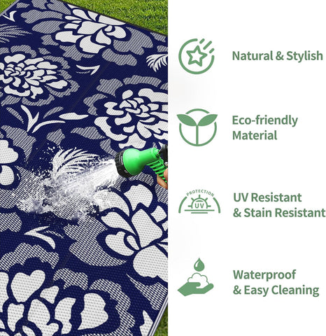 GENIMO Outdoor Rug 5' x 8' Waterproof for Patios Clearance, Reversible Outdoor Plastic Straw Camping Rug Carpet, Large Area Rugs Mats for RV, Camper, Deck, Balcony, Porch, Beach, Navy Blue&White
