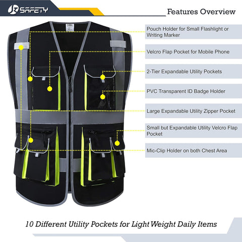 JKSafety Hi Vis Safety Vest for Men Women WIth 10 Pockets JK88 Black 2XL