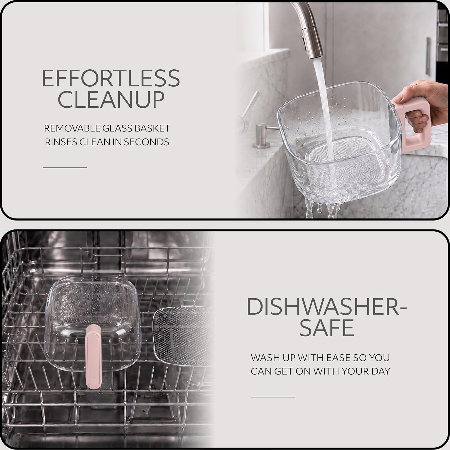 WILLOW Eco Series 6 in 1 Air Fryer with Glass Basket, 5 Quart Non Toxic Air Fryer w Digital Display, 430°F Max Temp, Preheat & Keep Warm Function, Compact + Dishwasher Safe Glass Airfryer - Pink