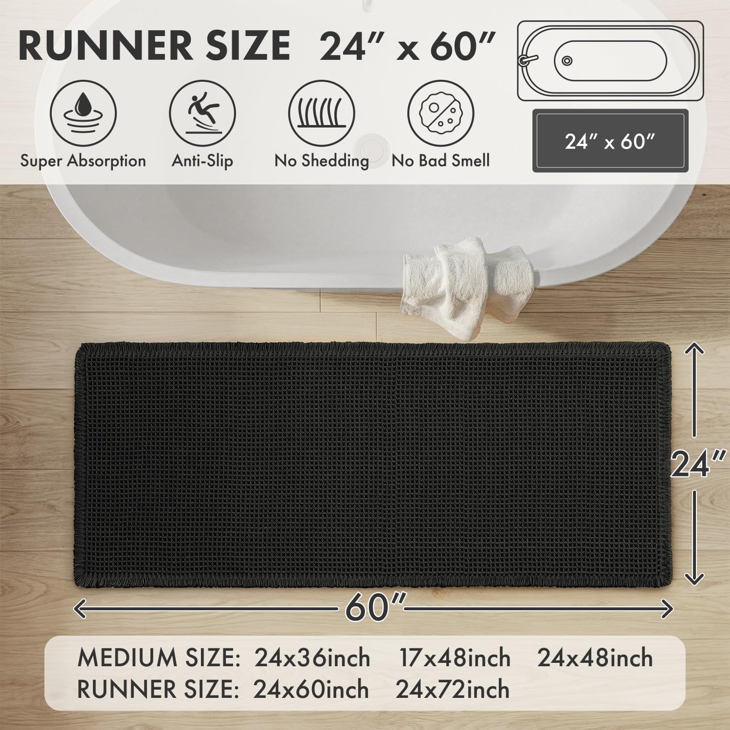MIULEE Waffle Bathroom Runner Rugs Boho Large Bath Mat 2'x5'(24"x60") Black