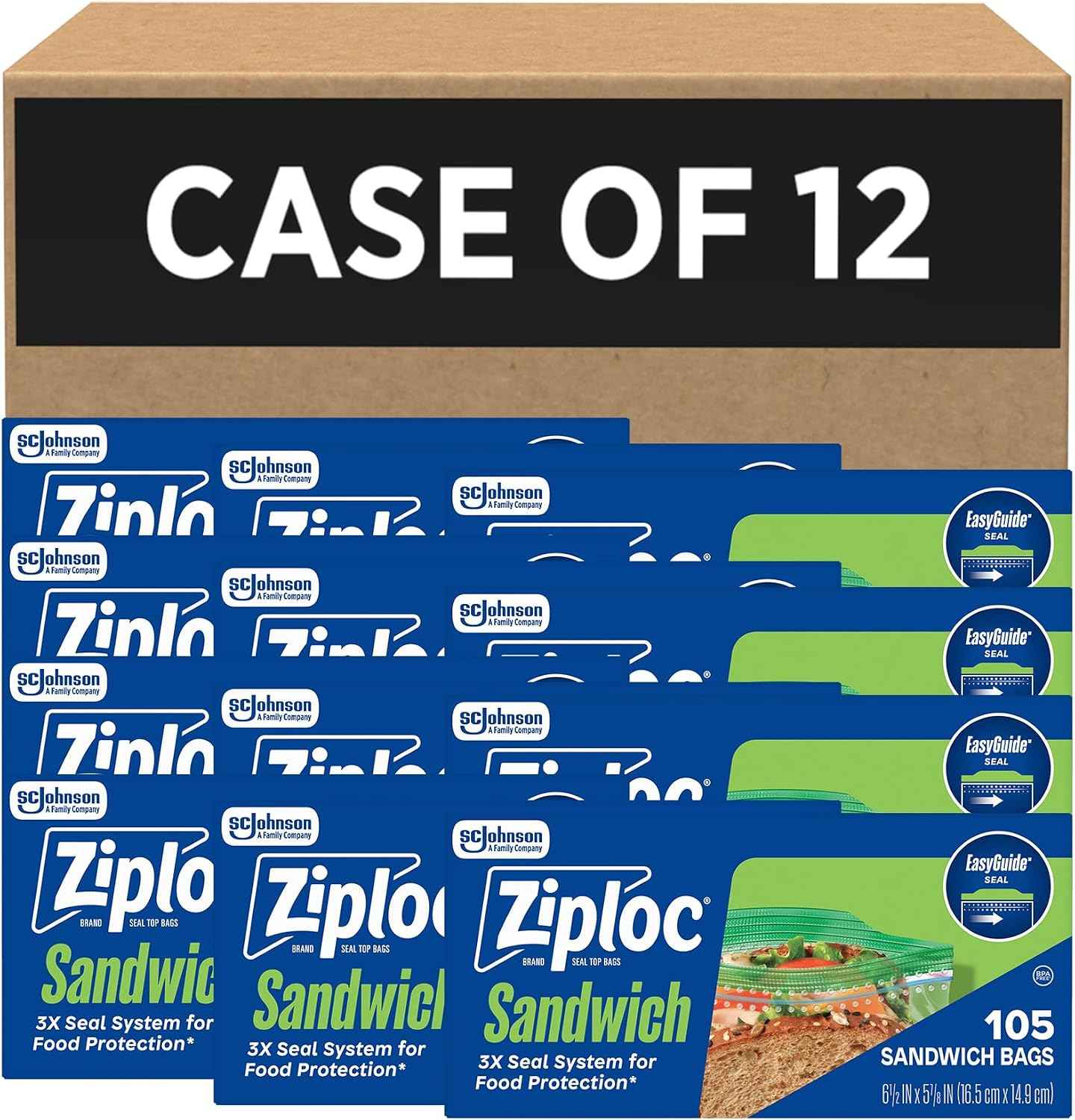 Ziploc Sandwich and Snack Bags, Easy Open and Close, Plastic Food Storage Bags, 105 Bags Total (Packaging May Vary), Pack of 12