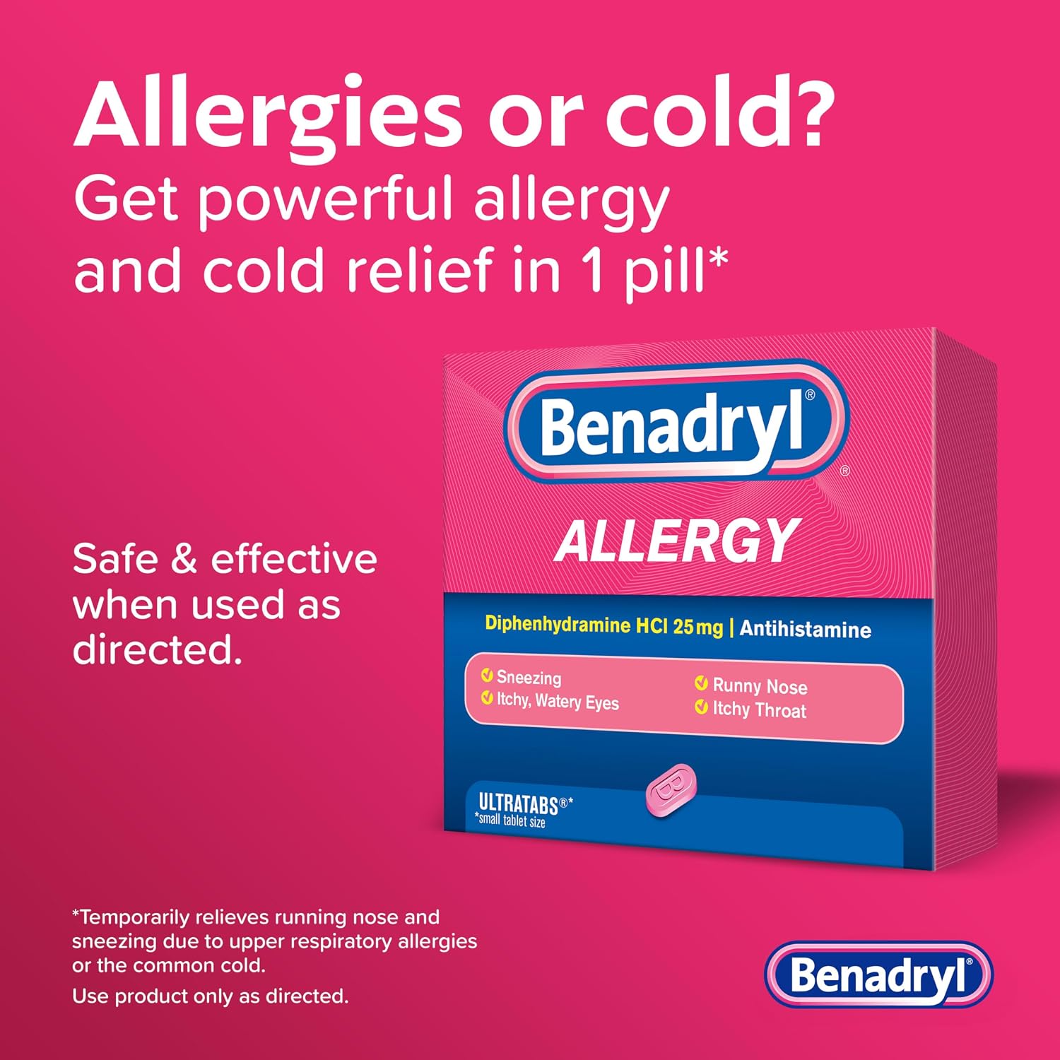 Benadryl Allergy Relief Ultratabs, 25 mg Diphenhydramine HCl, 24 ct