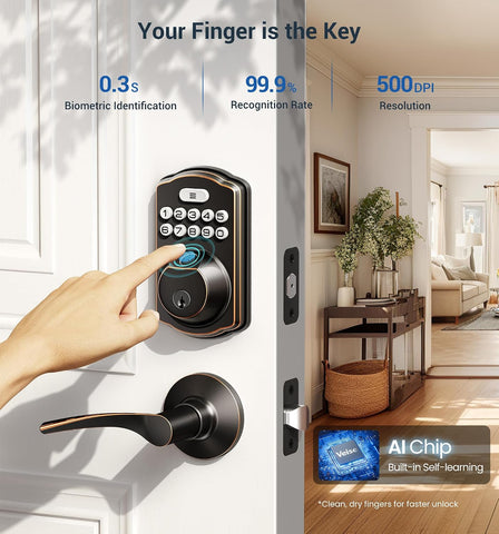 Veise KS02B Fingerprint Door Lock with 2 Lever Handles, Oil Rubbed Bronze