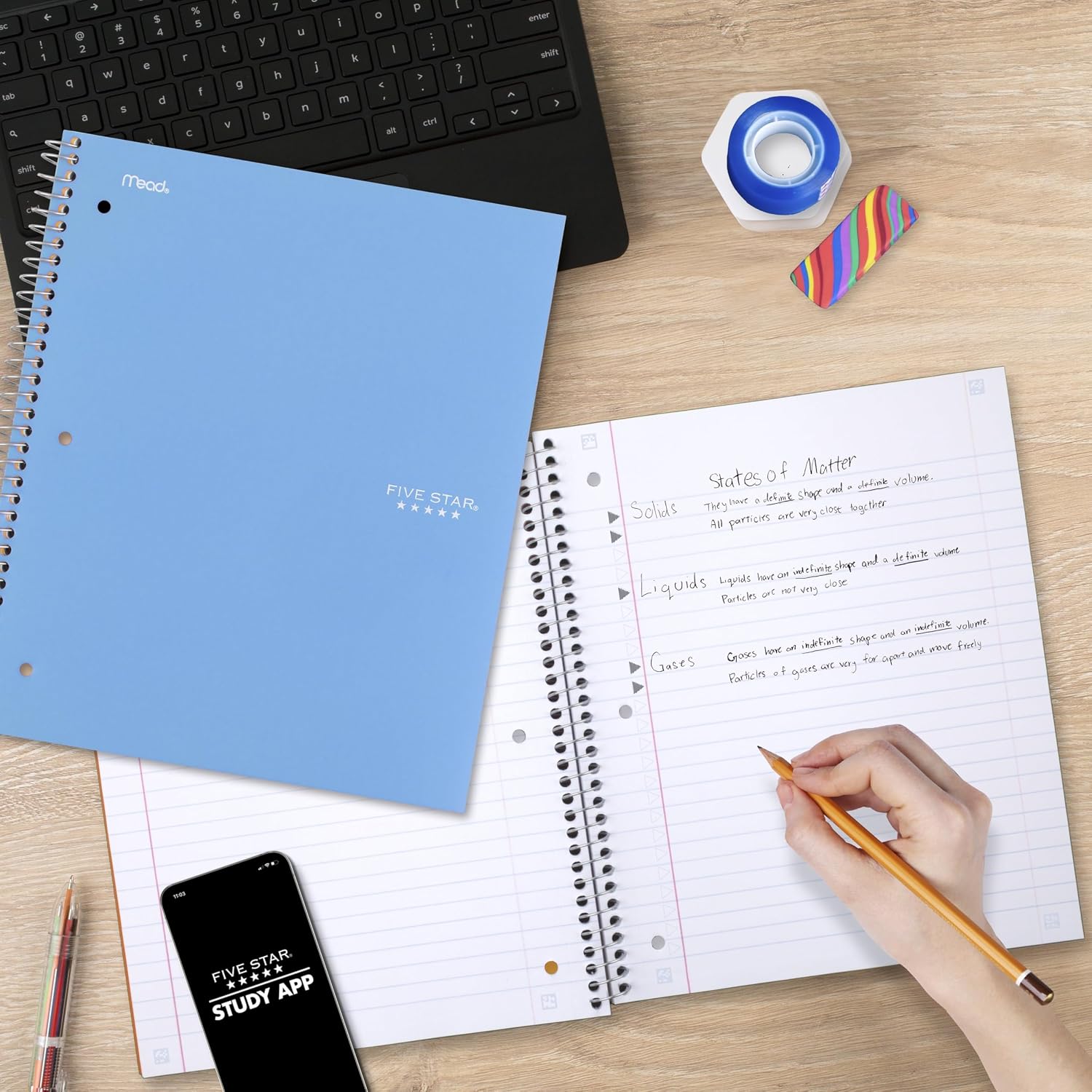 Five Star Spiral Notebook + Study App, 3 Subject, Wide Ruled Paper, 8" x 10-1/2", 150 Sheets, Fights Ink Bleed, Water Resistant Cover, Tidewater Blue (73184)