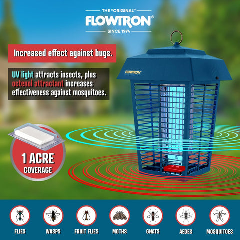 Flowtron Electric Bug Zapper, 1 Acre Outdoor, 40W UV, 5600V Zap, Blue