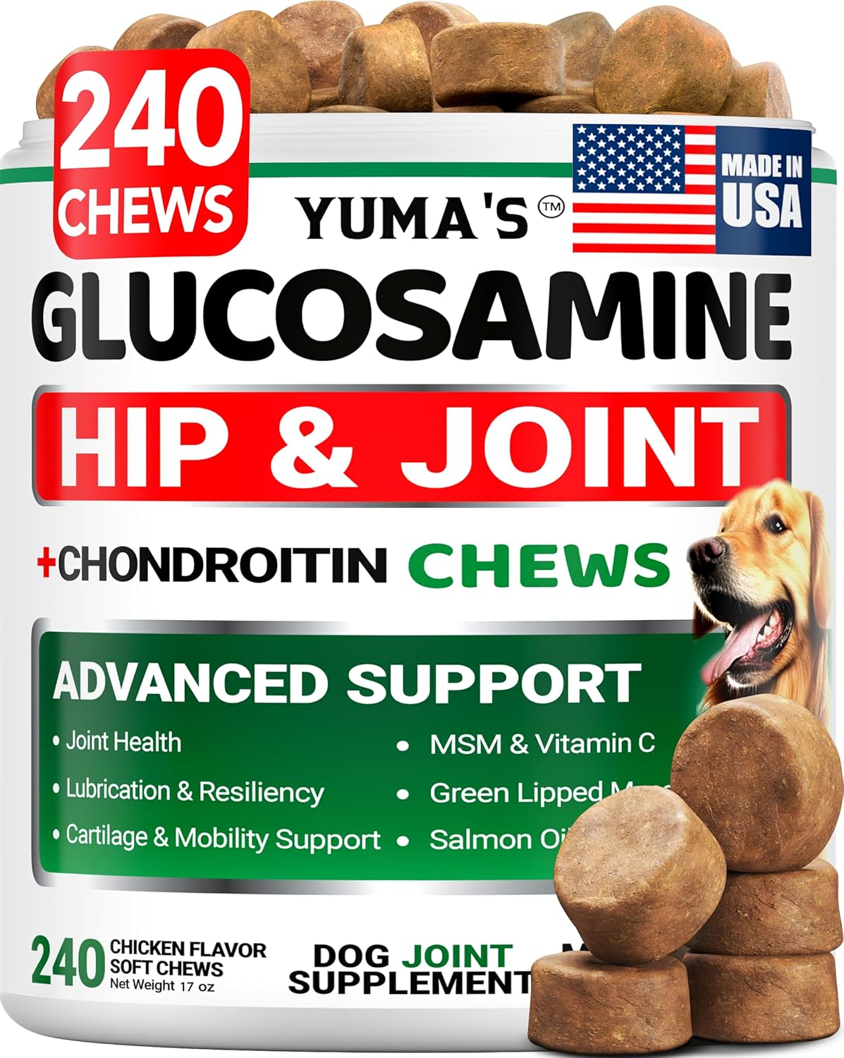 YUMA'S Glucosamine for Dogs - 240 Chews - Hip & Joint Supplement for Dogs