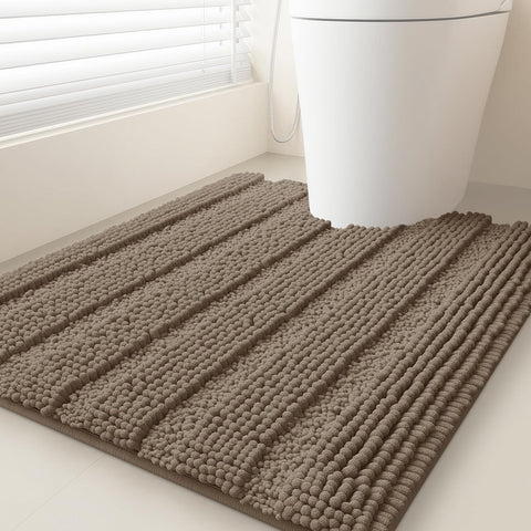 ACCUMTEK Striped Dark Beige Toilet Bathroom Rug Mat 24" x 20" Contour Rug Ultra Soft, Non Slip Chenille Bath Rugs, Absorbent Plush Shaggy Bath Mats for Bathroom, Bedroom, Kitchen, Shower, Tub,Taupe