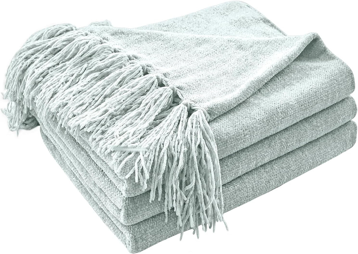 CozeCube Chenille Throw Blanket, Baby Blue Fringe Blanket, 60"X80"