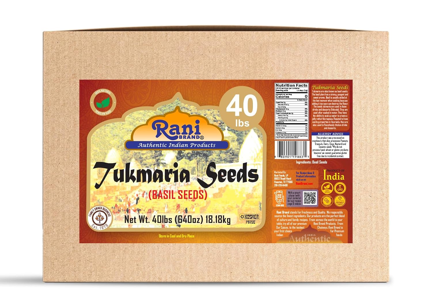 Rani Tukmaria (Holy Basil Seeds) 640oz (40lbs) 18.14kg Used for Falooda / Sabja Dessert, Spice & Ayurveda Herbal ~ All Natural | Gluten Friendly | NON-GMO | Kosher | Vegan | Indian Origin