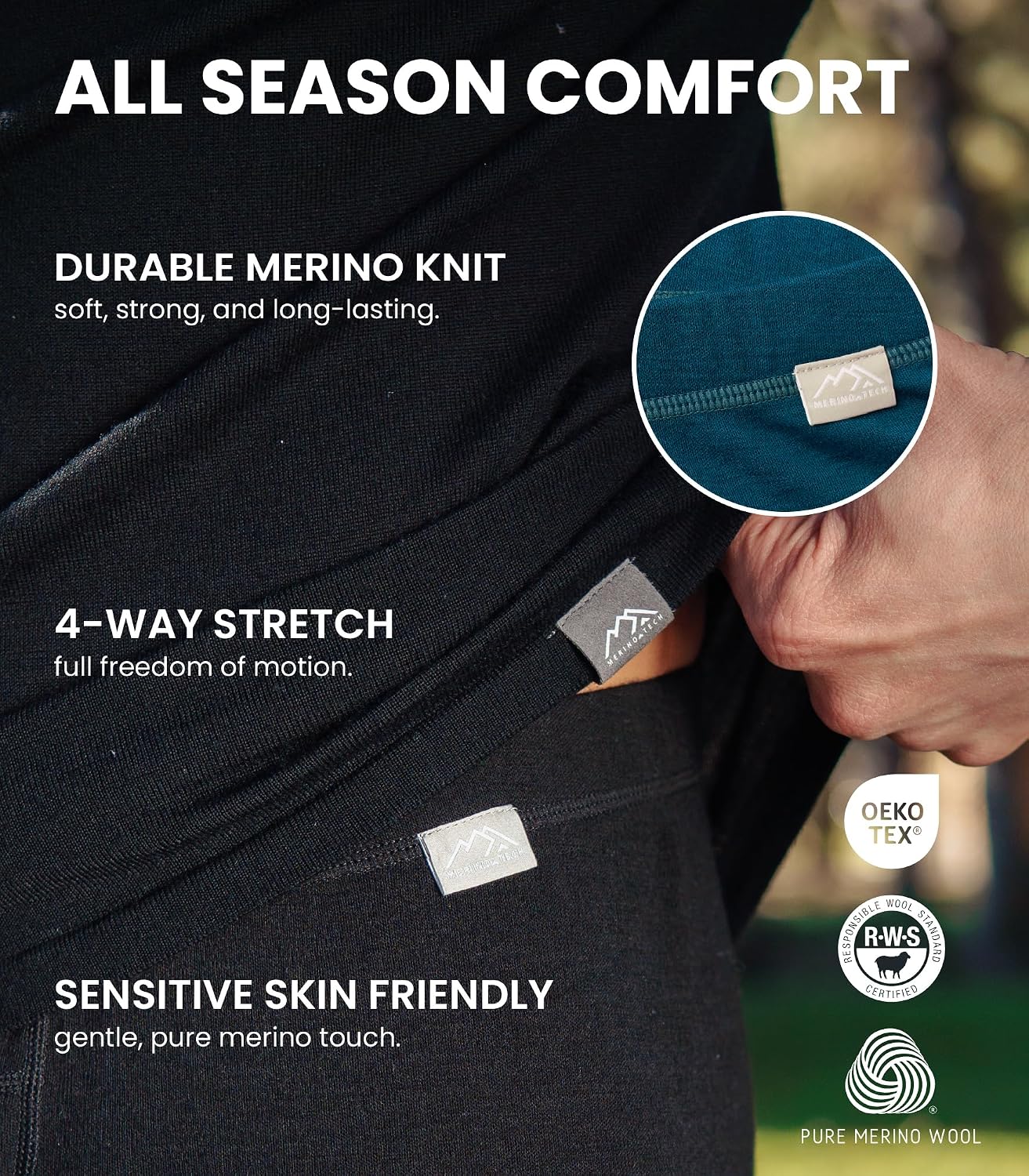 100% Merino Wool Base Layer Mens Pants - Thermal Underwear Long Johns