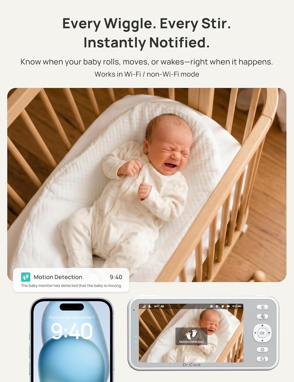 Dr.Care VistaView 5" 1080P Smart WiFi Baby Monitor with Camera ＆ Clip Mount