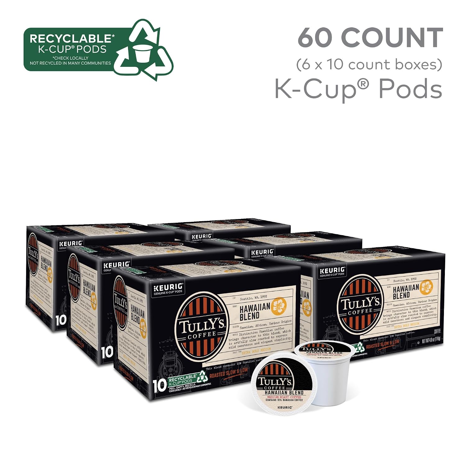 Tully's Coffee Hawaiian Blend, Keurig Single Serve K-Cup Pods, Medium Roast, 60 Count, (6 Packs of 10)