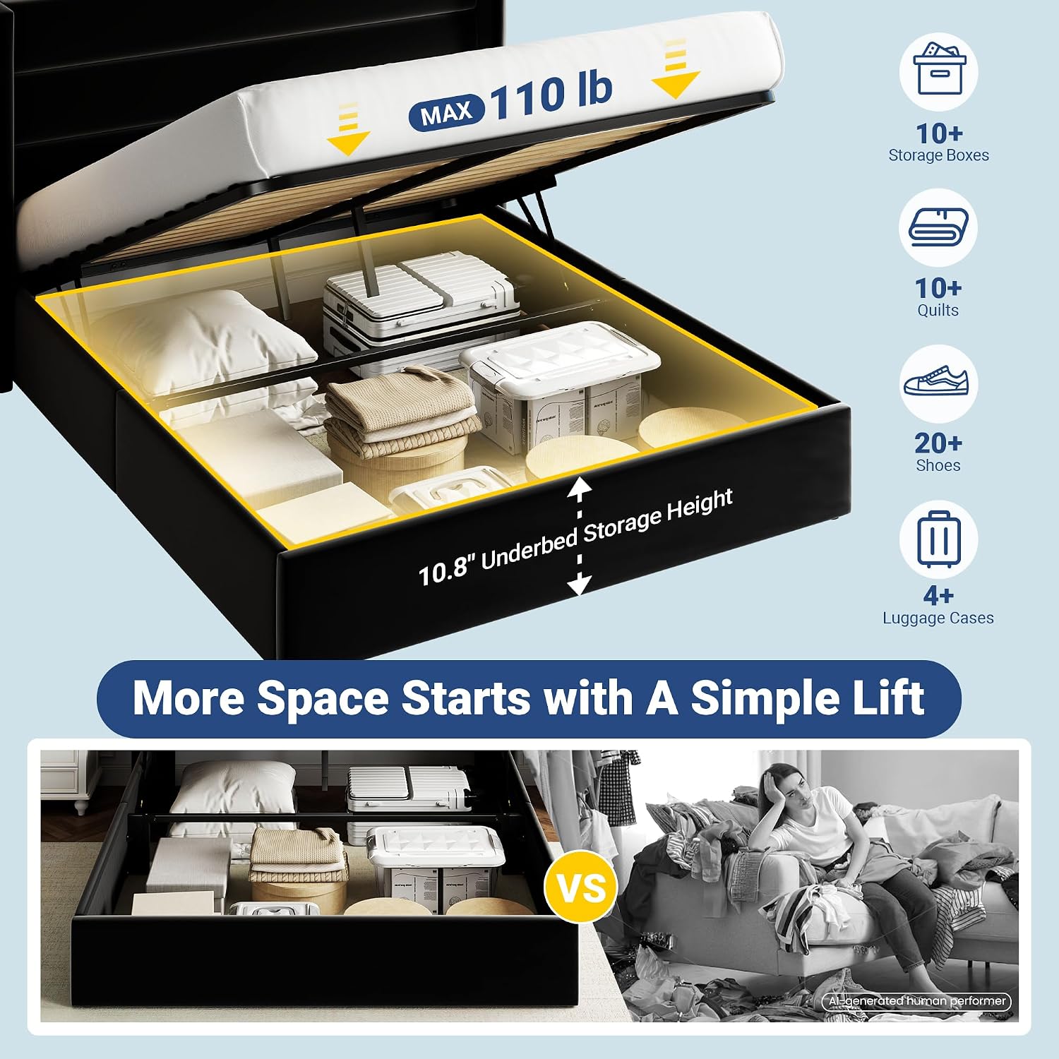 Allewie Queen Size Lift Up Hydraulic Storage Bed Frame Black