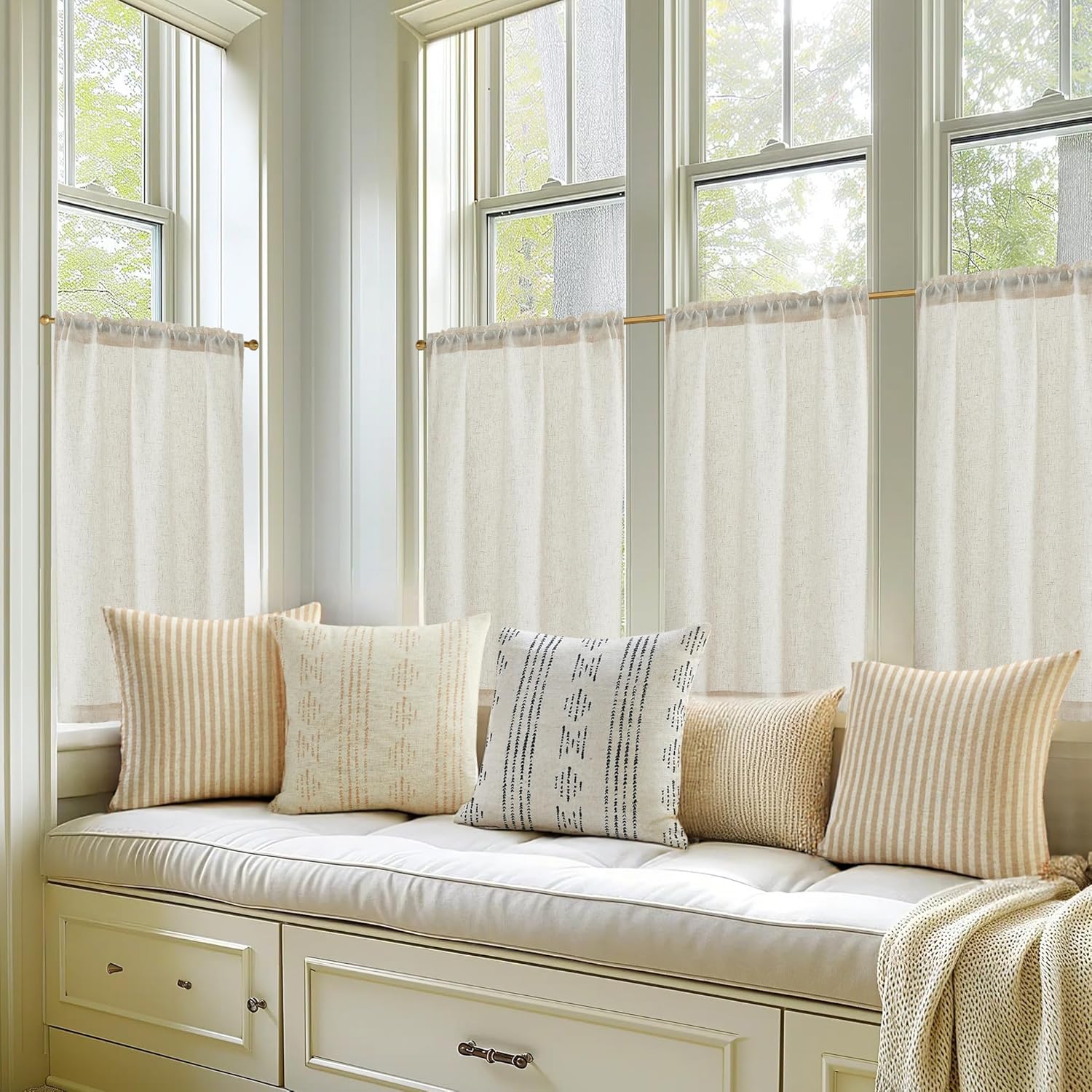 jinchan Beige Rustic Linen Rod Pocket Kitchen Curtains, 26x36, 2 Panels
