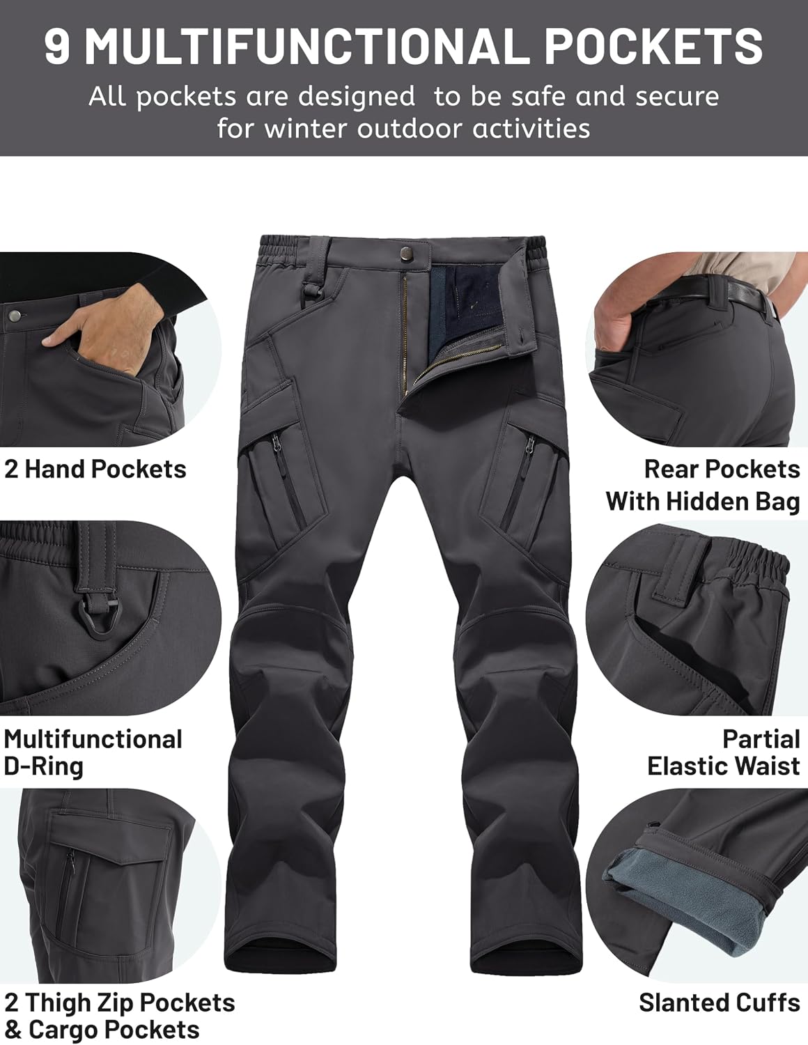 TACVASEN Men's Winter Snow Ski Pants Fleece Lined Waterproof Work Tactical