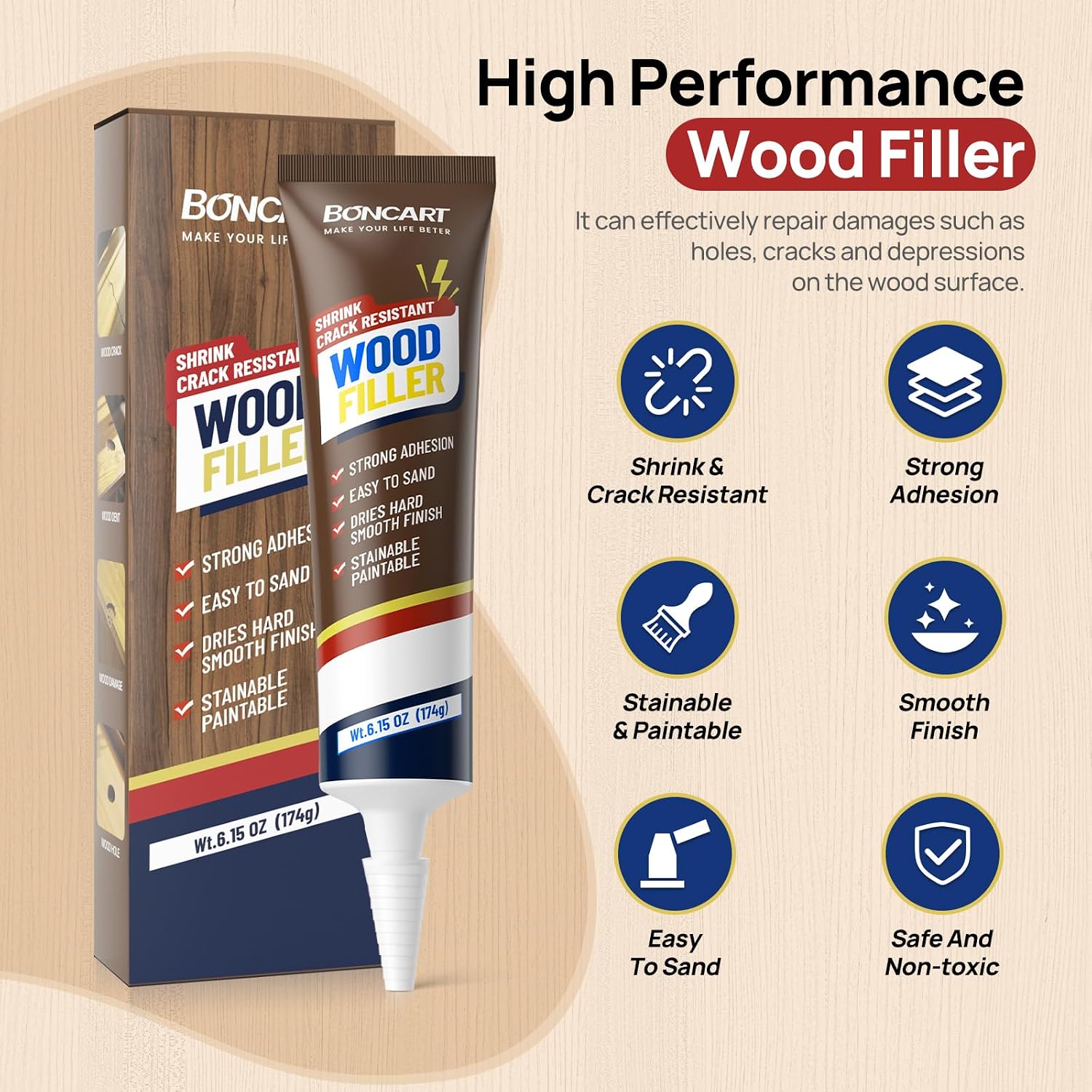 Boncart Wood Filler, 6.15 oz Paintable Wood Putty