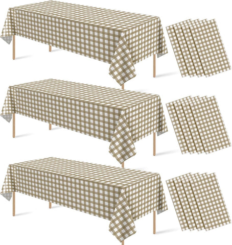 12Pcs Brown Gingham Tablecloths, Checkered Party Table Covers 54x108 In