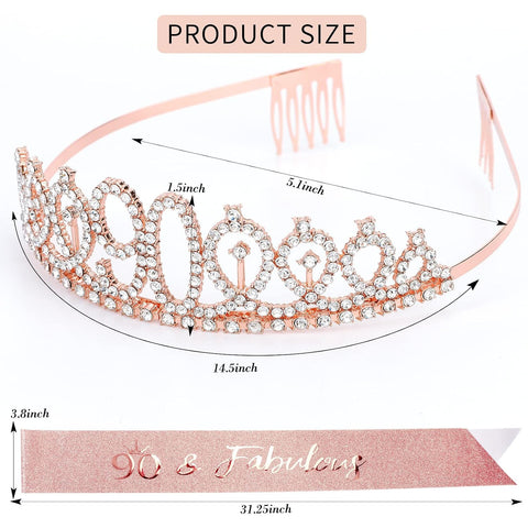 CIEHER 90th Birthday Crown, Sash & Pearl Pin Set - Elegant Decorations & Gifts for Her 90th Fabulous Birthday