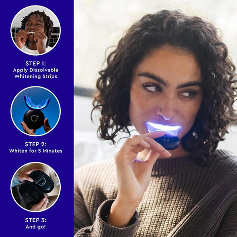 MOON Teeth Whitening Kit, LED Light Teeth Whitener Device, 56 White Strips, USB Charger & Travel Case, Blue Light Whitening Tray Removes Stains & Whitens Up to 12 Shades in 2 Weeks (4 Piece Kit)