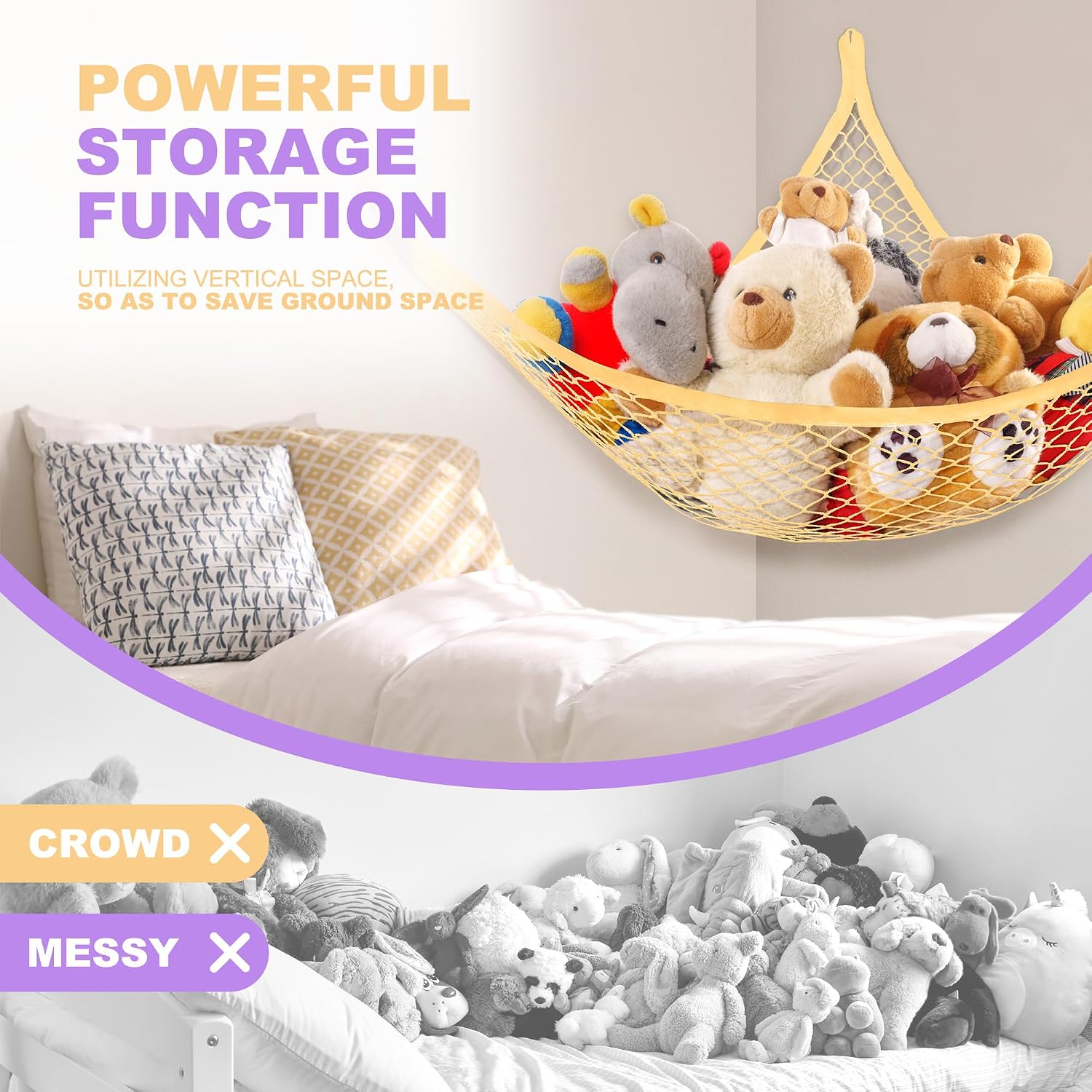 Lazebox Stuffed Animal Net Hammock for Plushie Toys, Stuffed Animal Hammock Corner for Kids' Room Decor, Ideas for Organizing Stuffy Collection, Yellow, L (72" x 50" x 50")-pack of 2