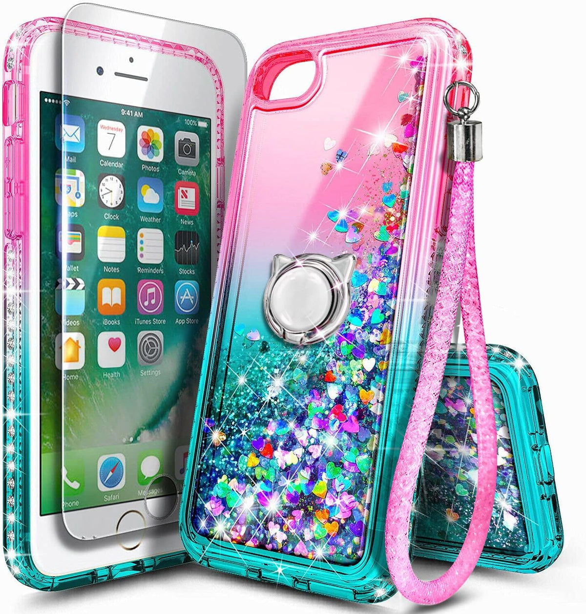 NGB Designed for iPhone SE (3rd/2nd Gen)/8/7/6/6S Case, Glitter Pink/Aqua