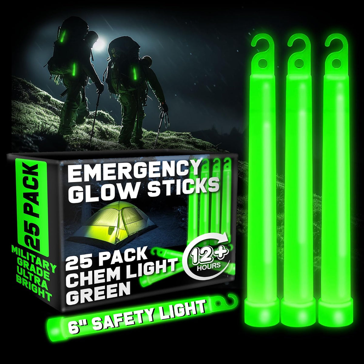 Ultra Bright Green Glow Sticks Emergency Chem Lights (6", 25 Pack) Military Grade 12 Hour Bulk Tactical Light Sticks for Survival Gear, Camping, Power Outages