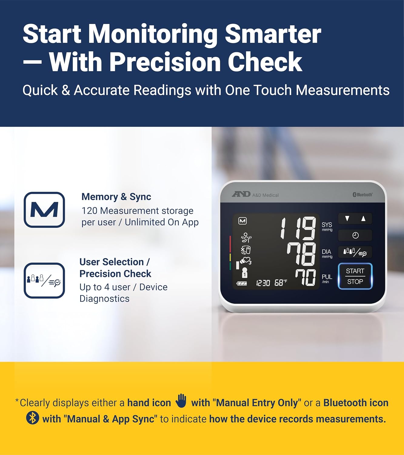 A&D Medical UA-910BLE Bluetooth Blood Pressure Monitor, 4 Users, Wide Cuff