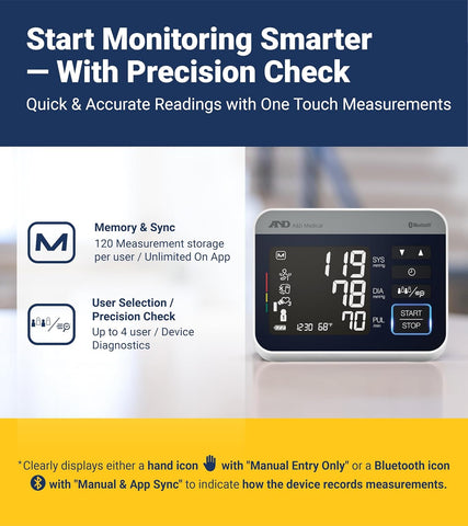 A&D Medical UA-910BLE Bluetooth Blood Pressure Monitor, 4 Users, Wide Cuff