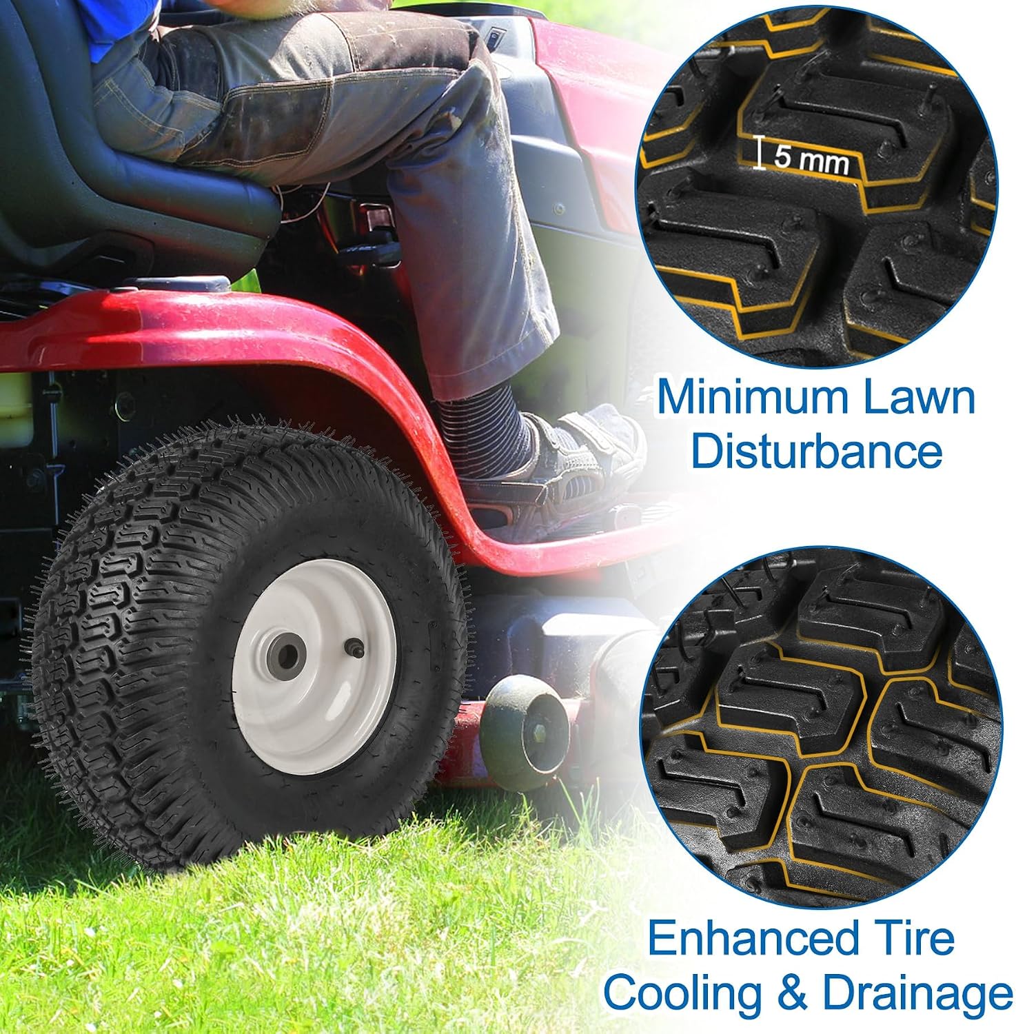 15x6.00-6nhs Lawn Mower Front Tire 4 Ply Tubeless 15x6x6 Lawn Mower 570 Lbs Tire and Wheel with 3/4" Bushing and 12 Spacers, Replacement for Garden Lawn Tractor Riding Lawn Mower, 2 Pack