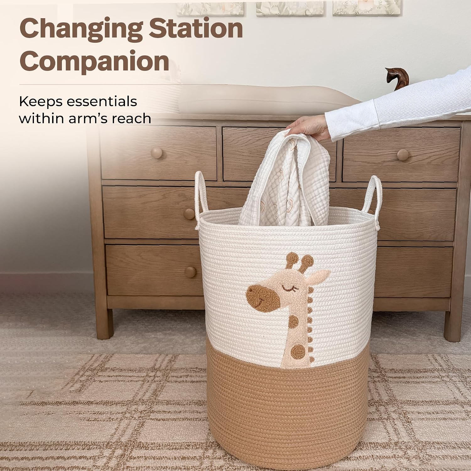 Giraffe Baby Laundry Basket, Tall Woven Rope Nursery Hamper, 20x15 in