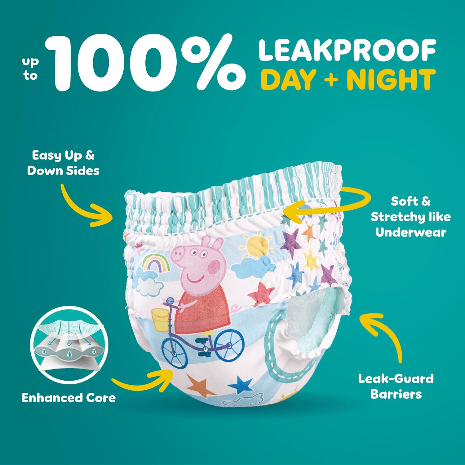 Easy Ups Girls & Boys Potty Training Pants, Size 7 (5T6T), 80 Count, Peppa Pig Absorbent Training Underwear, Up to 100% Leakproof Day and Night, Hypoallergenic