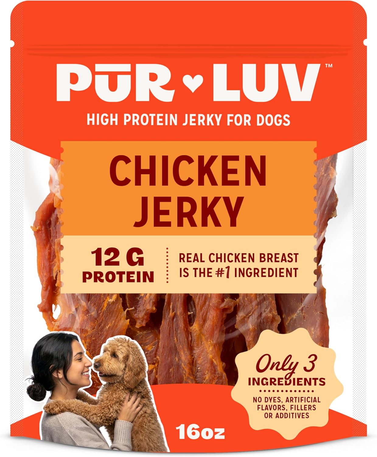 Pur Luv Chicken Jerky Dog Treats, Made with 100% Real Chicken Breast, 16 Ounces, Healthy, Easily Digestible, Long-Lasting, High Protein, Satisfies Dog's Urge to Chew