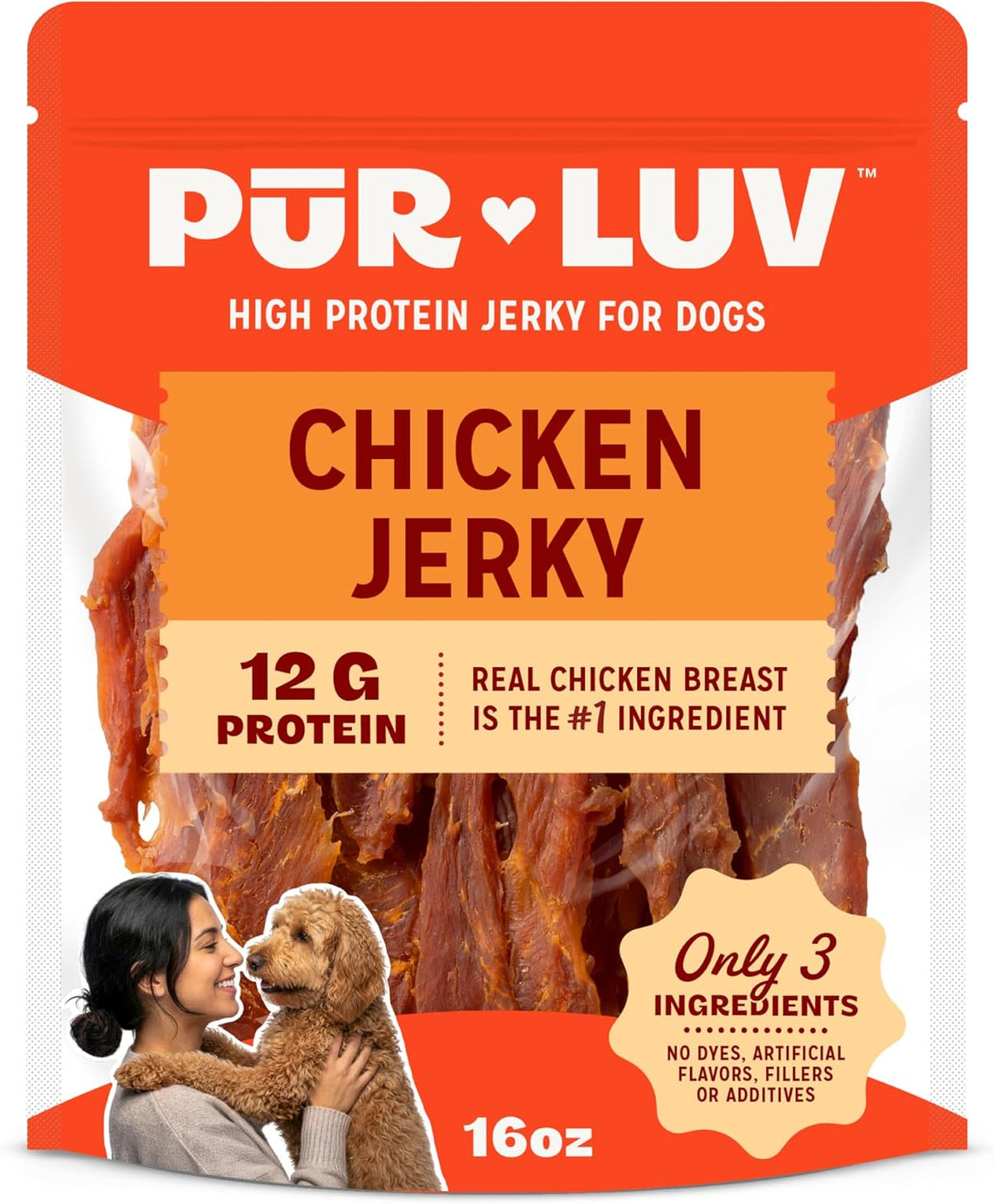 Pur Luv Chicken Jerky Dog Treats, Made with 100% Real Chicken Breast, 16 Ounces, Healthy, Easily Digestible, Long-Lasting, High Protein, Satisfies Dog's Urge to Chew