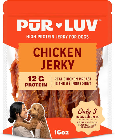 Pur Luv Chicken Jerky Dog Treats, Made with 100% Real Chicken Breast, 16 Ounces, Healthy, Easily Digestible, Long-Lasting, High Protein, Satisfies Dog's Urge to Chew