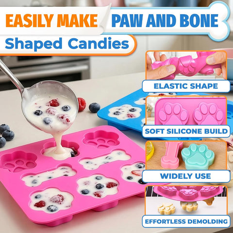 3 Pcs Dog Treat Molds Silicone, Bone & Paw Shapes, Non-Stick