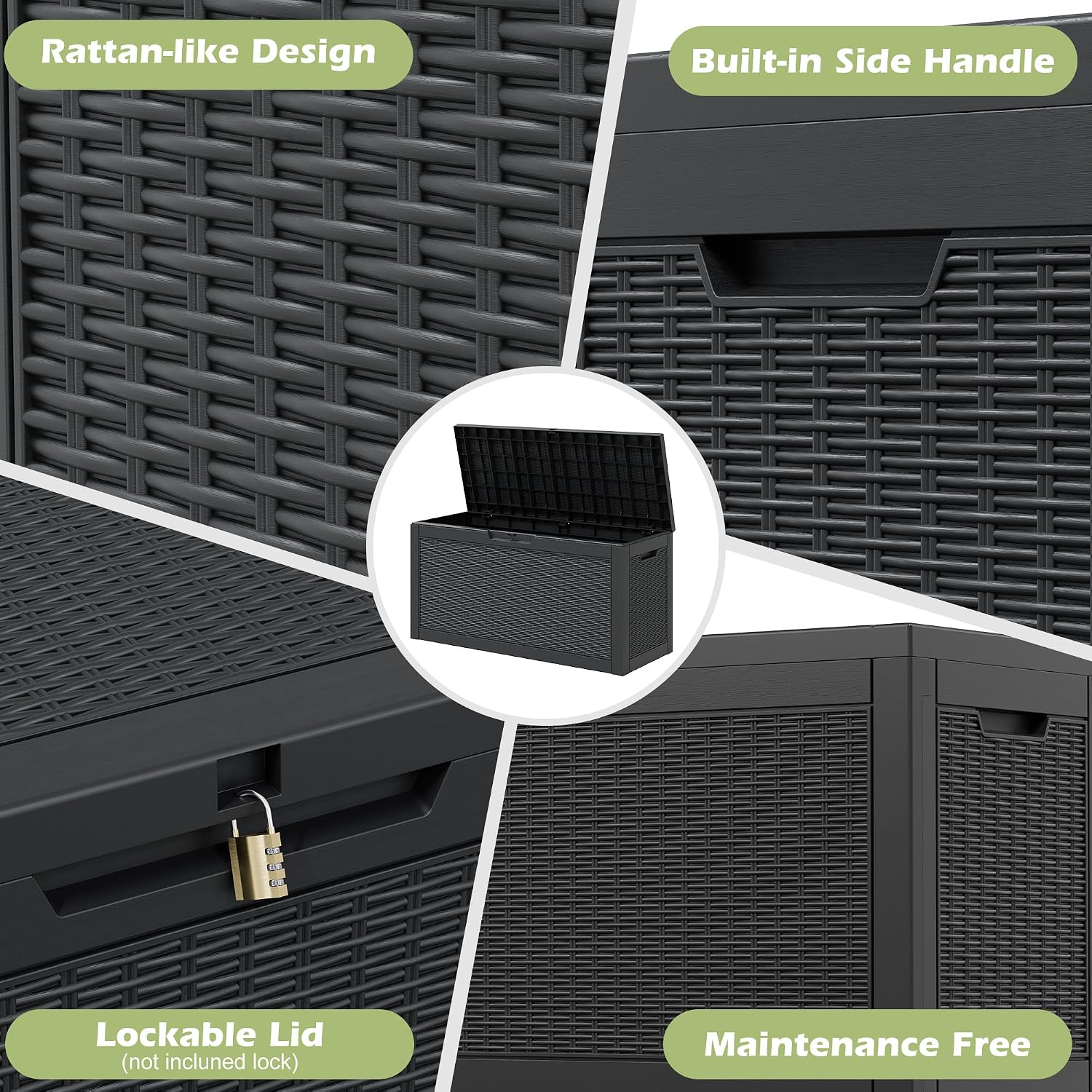 Outdoor Storage Box, Resin Deck Boxes Indoor and outdoor, Waterproof Storage Box Lockable Lid (Black, 70 Gallon)