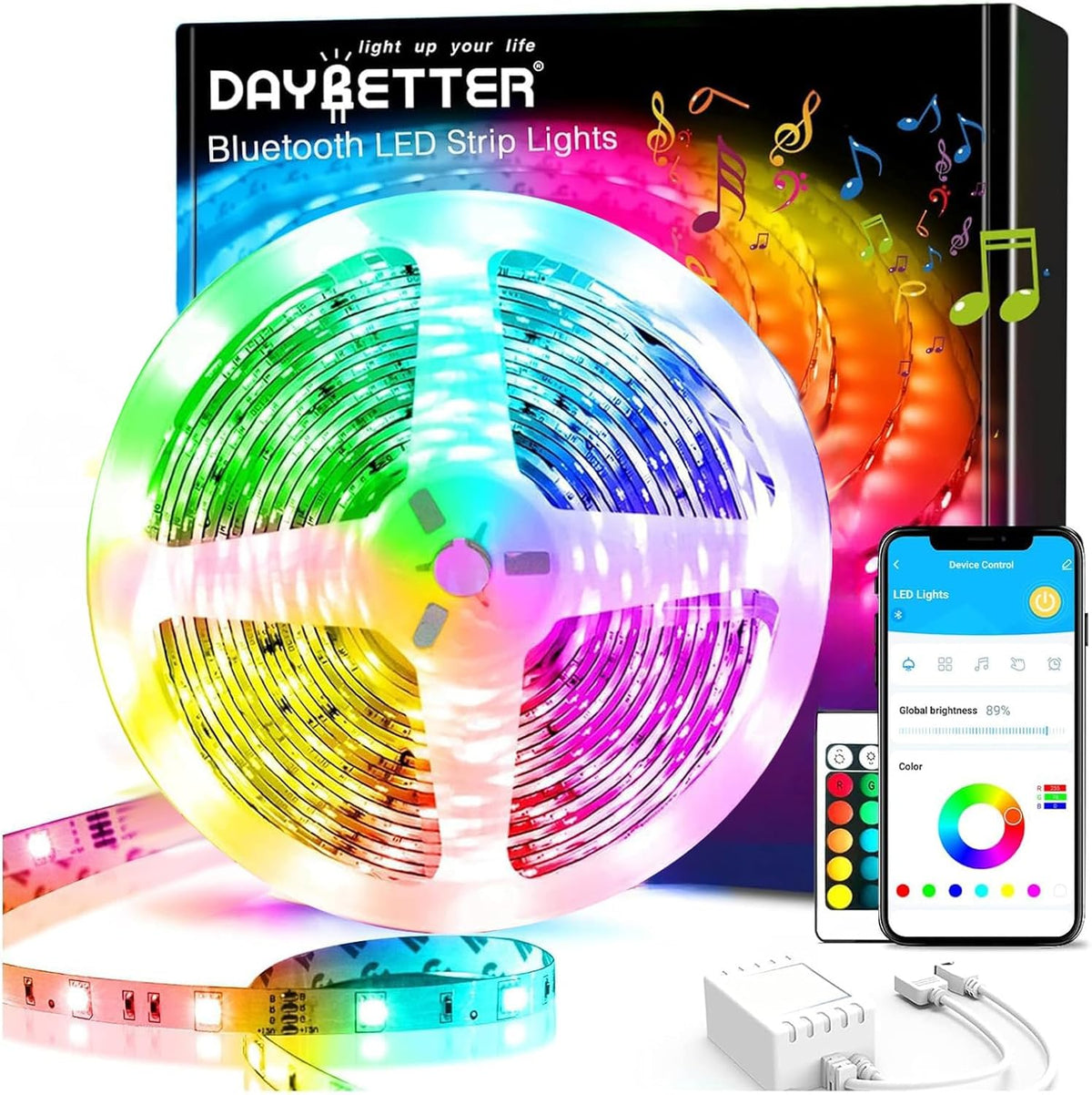 DAYBETTER Smart Led Lights 32.8 ft, 2835 RGB Led Strip Lights Kits with 24 Keys Remote, App Control Timer Schedule Led Music Strip Lights